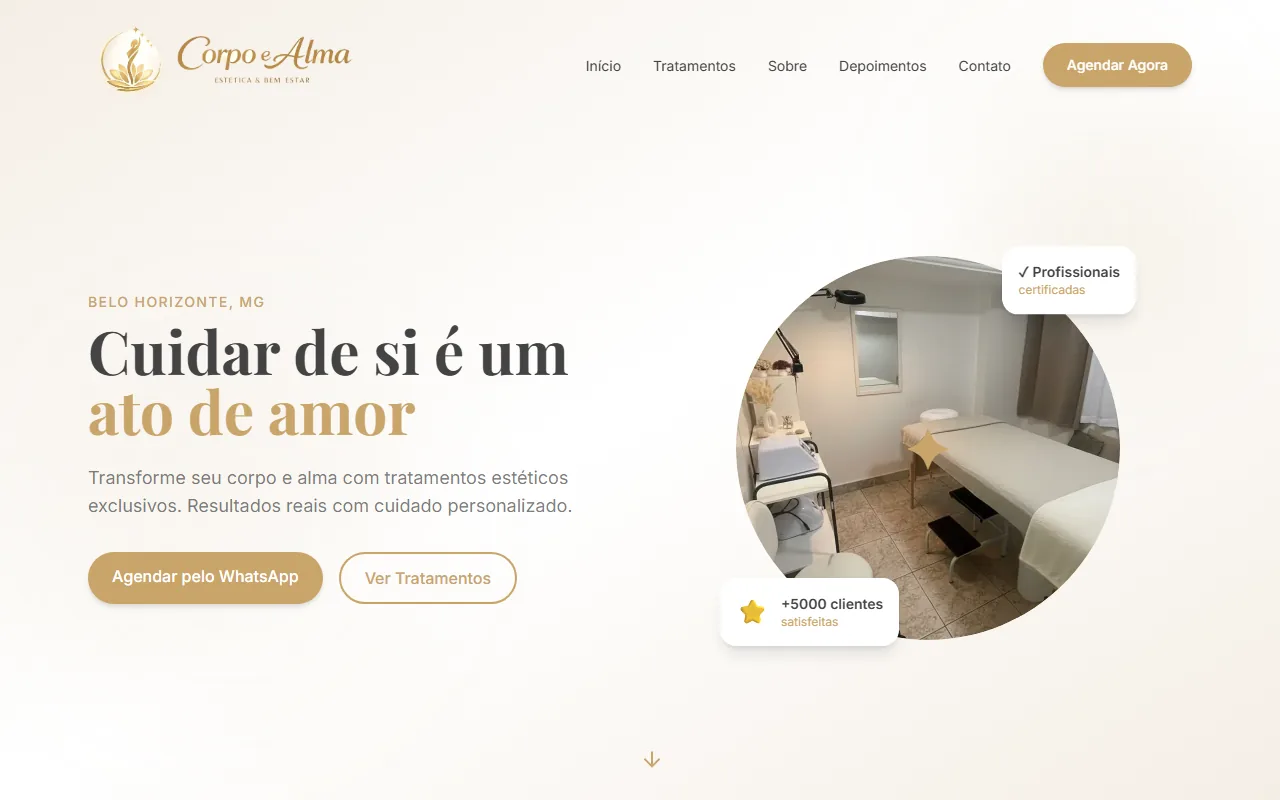 Página inicial do site da Estética Corpo e Alma, com o título 'Cuidar de si é um ato de amor' e foto da sala de atendimento