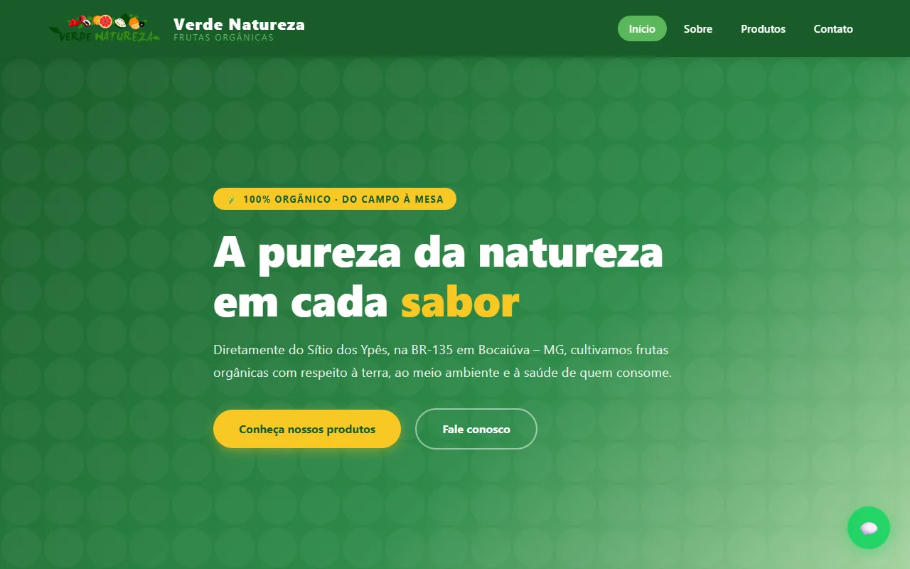 Página inicial do site Verde Natureza, com o título 'A pureza da natureza em cada sabor' sobre fundo verde